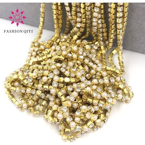 5 yards 2mm Gold base Clear white glass crystal rhinestones pearls with claw sew on cup chain diy wedding clothing accessories