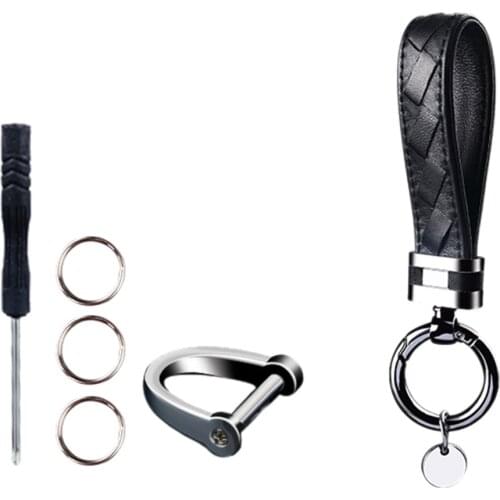 Black Luxury Genuine Leather Lanyard Keychain Men Women Weave Silver Metal Buckle Car Key Ring Holder Jewelry Gift