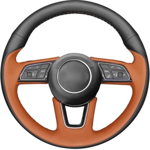 Hand-stitched Black Genuine Leather Car Steering Wheel Cover for Audi A1 (8X) Sportback A3 (8V) A4 (B9) Avant A5 (F5) Q2 2016