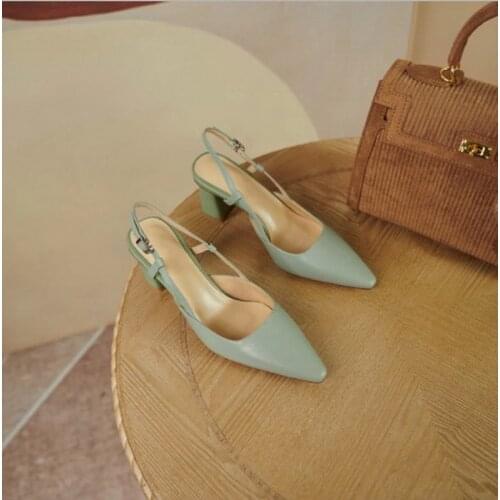 Square High Heel Pointed Toe Sandals Back Strap Buckle Female Shoes Genuine Leather Slingback Women Pumps Size 34-40