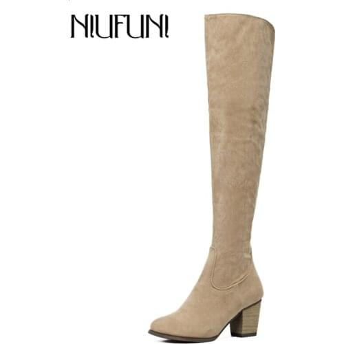 NIUFUNI Flock Leather Slim Over The Knee Boots 2019 Winter Shoes Women Round Toe Chunky Heel Botas Mujer Fashion Knight Boots