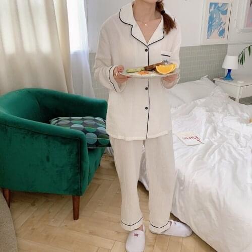 Japan white cotton gauze pajama set women long sleeve spring autumn sleepwear breathable homewear 2 piece set sweet pants Y973