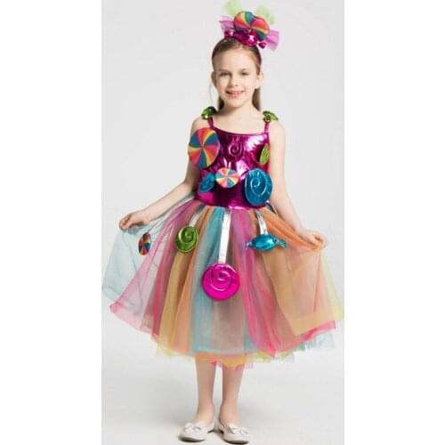 Candy Girl Costume Rainbow Lollipop Tutu Dress Halloween Purim Sweet Birthday Party Child Fancy Dress