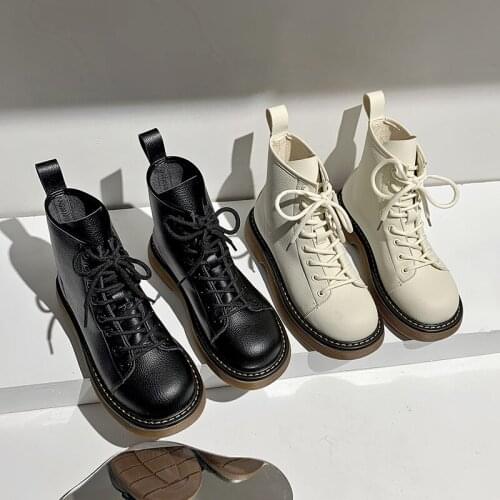 Concise Lace-up Women Warm Boots Genuine Leather Round Toe Thick Heels Pumps Wedding Office Lady Shoes Woman