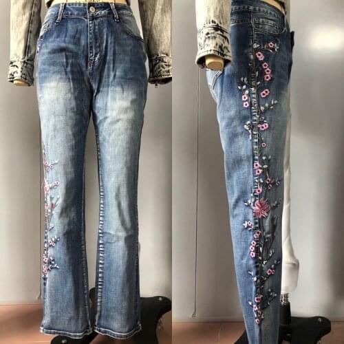 Women Flare Pants 2021 Summe Spring Flower Embroidered Scratched Trousers High Waist Elastic Jeans Long Denim Vintage Trouser