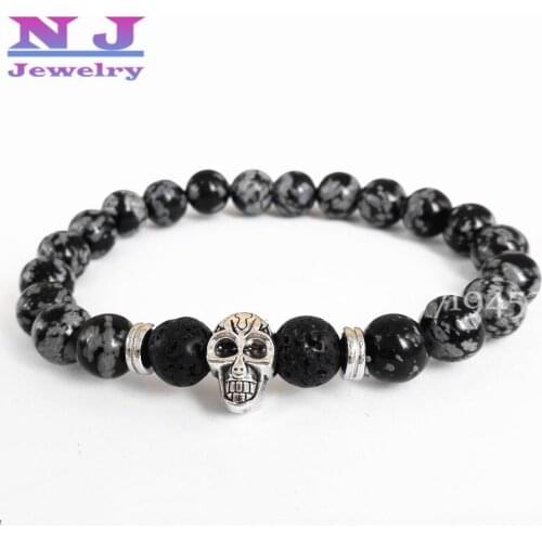 10PCS AAAA+High Quality Beaded Bracelets Snowflake Obsidian and Lava Stone Beads with Silver Skull Bracelet Energy Yoga Bracelet