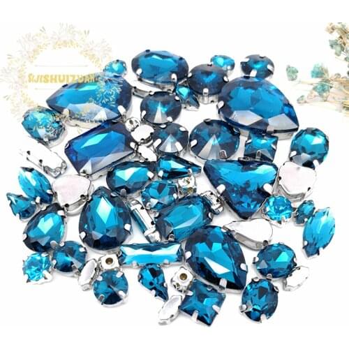 52pcs 23sizes 10shapes MIX Peacock Blue Crystal Glass Sewing Rhinestones silvery Bottom DIY Womens Dresses and Shoes