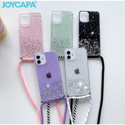 Strap Cord Chain Glitter Case For iPhone 12 11 Pro Max XR X XS 6 7 8 Plus SE Mini Luxury Lanyard Sequins Star Soft Cover Fundas