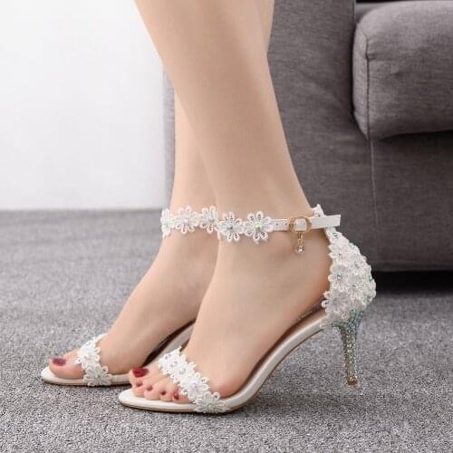 White Crystal Heels Lace Bride Princess Wedding Party Shoes Women 5CM High Heels Sandals Ankle Strap Sandals Woman Shoes H0004