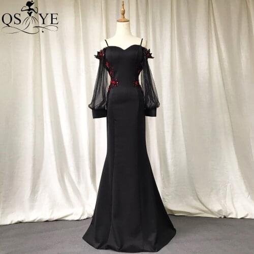Black Evening Dresses Sweetheart Long Sleeves Mermaid Evening Gown Red Bead Flower Party Dress 2021 Straps Formal Dress Illusion