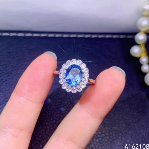 Fine Jewelry 925 Sterling Silver Inset With Natural Gem Womens Popular Noble Flower Blue Topaz Adjustable Ring Support Detecti