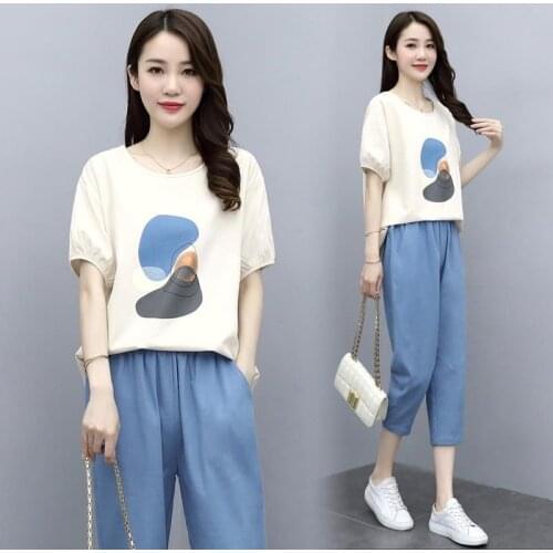 Womens Two-piece Suit, Pure Cotton 2021 Summer, New Sports and Leisure Age-reducing and Slimming Suit, Small Two-piece Woman