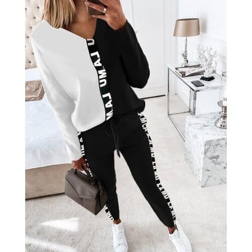 Spring Trend Casual Print O Neck Long Sleeve Top Drawstring Pants Two Pieces Set Gym Workout Wear Women Tracksuit Sports Clothes