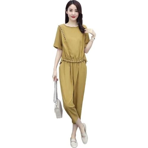 Cotton Linen Suit Female Summer 2021 New Womens Two-Piece Casual Fashion Oversize 4XL Lady Linen Yellow Suit Short-Sleeved Suit