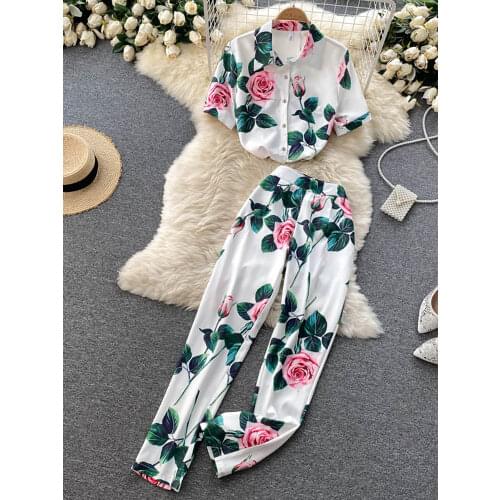 Women Floral Two Piece Set Office Ladies Printed Turn-Down Collar Single Breasted Tops + High Waist Wide Leg Pants Suit 2021 New