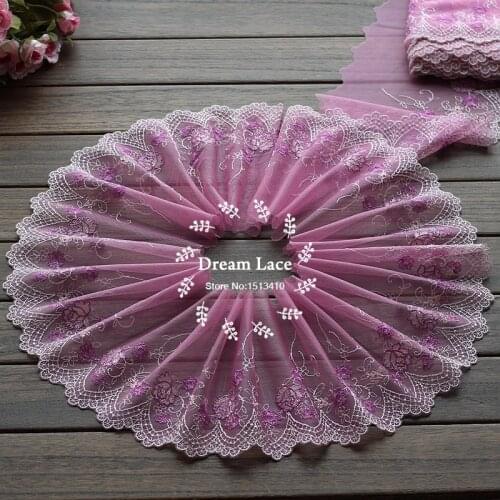 MLAEY 2yards/lot 18cm wide Embroidered Tulle Lace trim mesh lace trim~ Purple pink ~beautiful