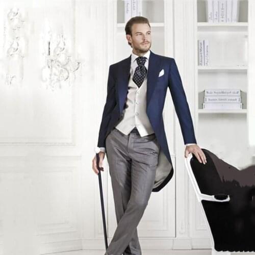 Mens Classic Suit Navy Blue Tailcoat Groom Wedding Tuxedos 3Piece Long Jacket Morning Dinner Costume Homme Terno Masculino