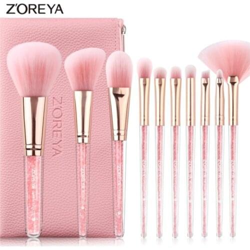 Zoreya 10pcs Pink Professional Makeup Brushes Set With PU Bag Soft Synthetic Hair Powder Foundation Eye Make Up Brush 15#831