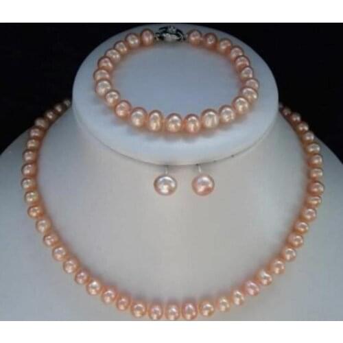 Natural Pearls 7-8mm Pink Akoya Pearl Necklace Bracelet Earring Jewelry Sets