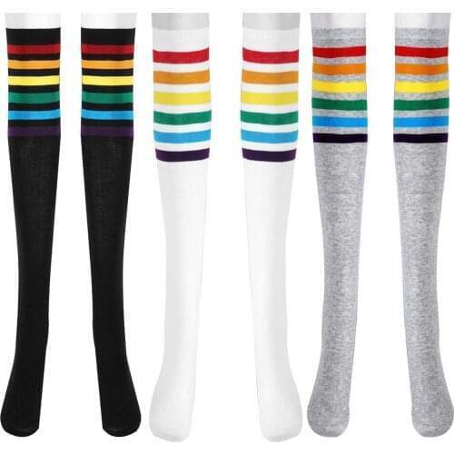 Rainbow Stripes Socks Thigh High Socks Over Knee Japanese Student Socks Warmer Cotton Knit Stockings for Girls Birthday Gift