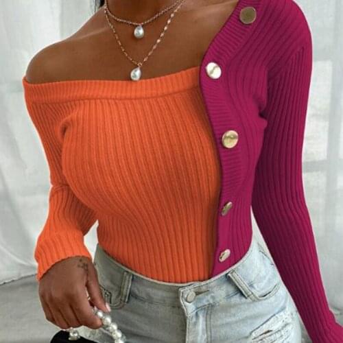 Autumn Winter Women Elegant Solid Off Shoulder Slash Neck Knitted Long Sleeve Sweater Spring Ladies Sexy Slim Buttons Party Tops