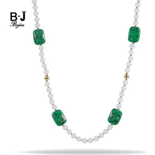 BIJOU Natural Green Rectangular Faceted Stone Opal White Bead Necklace For Women Long Necklace Wholesale NKS158