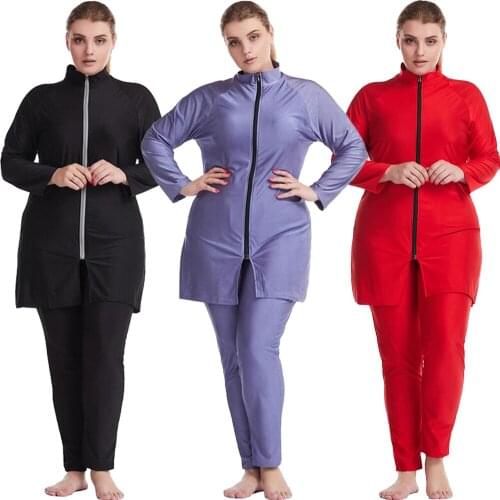 Plus Size Muslim Women 3PCS Burkini Solid Colos Long Sleeve Swimming Swimsuits Hijab+Tops+Pants Modest Full Cover Swimwear New