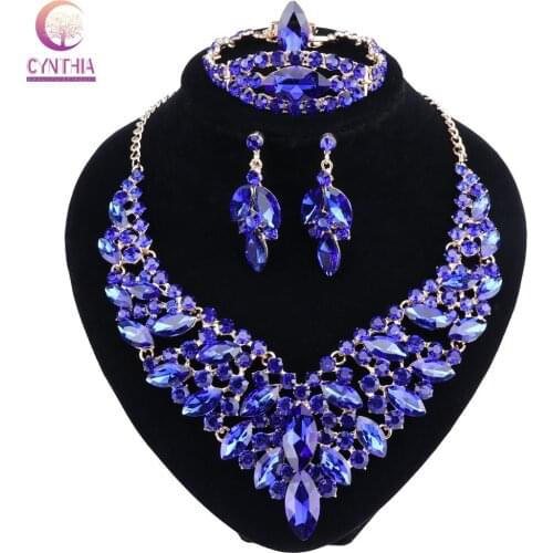 Blue Crystal Rhinestone Gold Color Necklace Earrings Bracelet Ring Set for Women Wedding Luxury Bridal Jewelry Sets