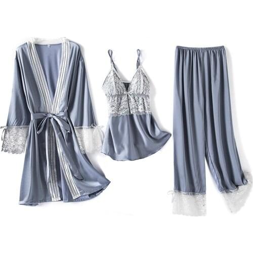 Nightgown Sets Womens 3pcs Robe Suit Spring Sleepwear Nighty Wear Pajamas Sexy Strap Nightwear Sleep Kimono Bath Gown Homewear