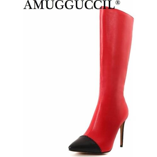 Plus Big Size 32-46 White Red Khaki Zip Fashion High Heel Mid Calf Female Girl Lady Autumn Winter Women Boots X1669