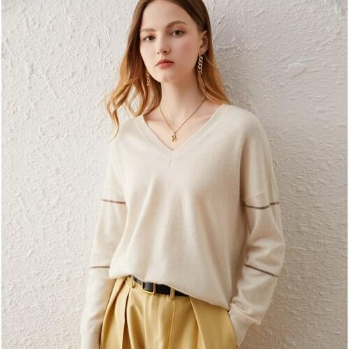 Zocept V-Neck Sweaters 100% Cashmere Pullover Autumn Winter Women Fashion Loose Fit Long Sleeve Cashmere Sweater Female Jumpers