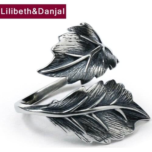 Leaf Feather Ring 100% Real 925 Sterling Silver Vintage Fashion Adjustable Engagement Ring Jewelry Women Men plata de ley 925 R5