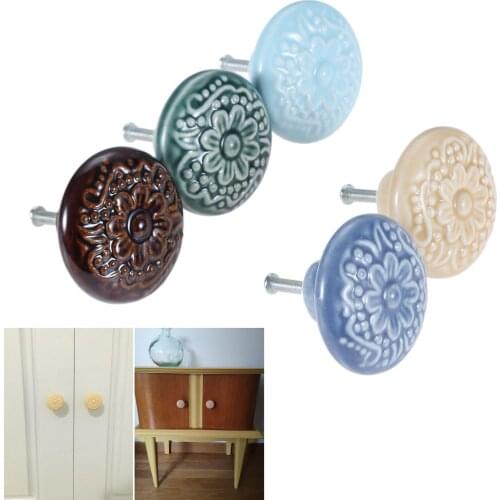 1pc Painted Ceramic Knob Cabinet Ball Handle Cupboard Dresser Drawer Round Pull Decor Retro Kitchen Country Flower pattern screw