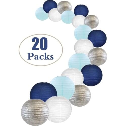 20 pcs 6"-12" White Silver Navy Blue Paper Lantern Chinese Round Mixed Size Colors Light Blue papier lampion Wedding Decor