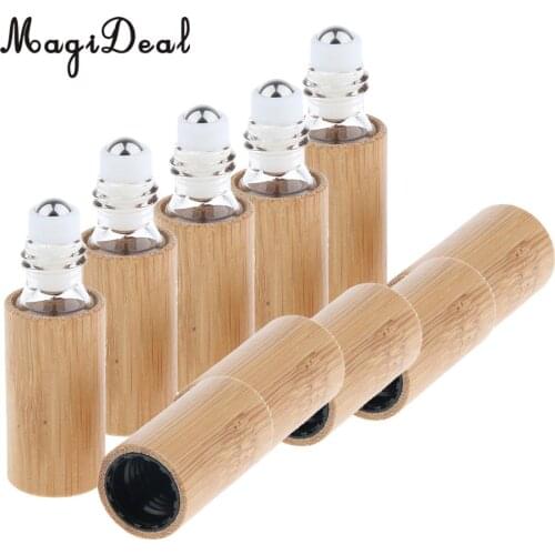 5pcs Handmade Travel Mini Bamboo Refillable Empty Essential Oil Makeup Roll on Bottles 5ml