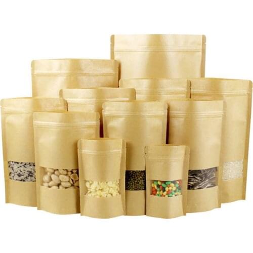 50pcs/lot Kraft Paper Self Sealing Bag Window Zip lock Empty Dried Food Fruit Tea Gift Package Zipper Stand up Bags