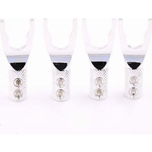 8x Pure Silver Plated Copper Spade Plug Speaker Cable Wire Connector HiFi Double Screw Locking Spade Connector