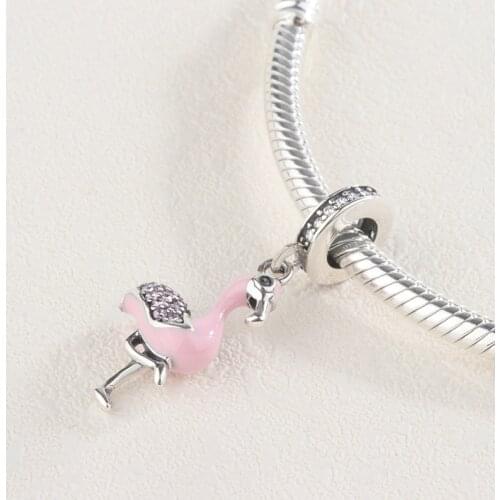 925 Sterling Silver Pink Enamel CZ Zircon Animal Flamingo Pendant Charm Bracelet DIY Jewelry Making For Original Pandora