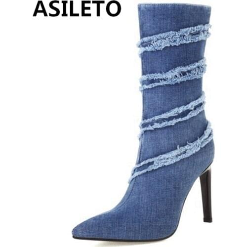 ASILETO 2021 Autumn Design Ripped Denim Ankle Boots Pointed Toe Stiletto High Heel Zip Fur inside Small Big Size 33-45 S2480