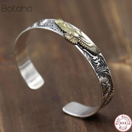 Indian Style Golden Eagle Men S925 Silver colour Bangle Bracelet Handmade Pure Sterling Silver colour Fashion Cool Men Jewelry