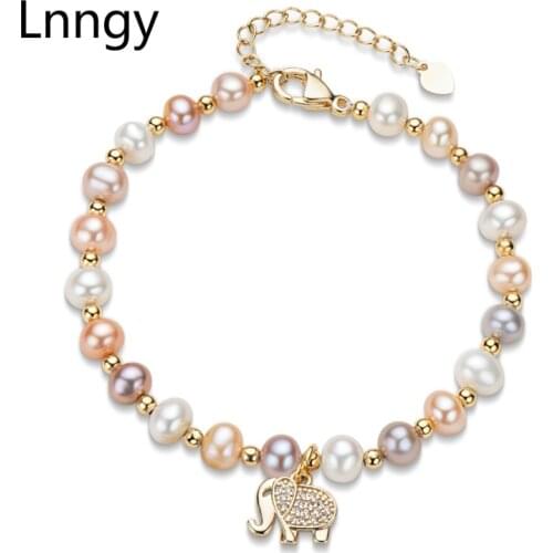 Lnngy 14K Gold Filled Bracelet 4.5-6.5mm Natural Freshwater Oval Pearl Lovely Elephant Charm Bracelet Women Wedding Jewelry Gift