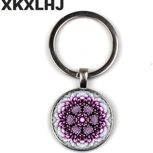 XKXLHJ Fashion Flower of Life Keyring for Women Sacred Geometry Mandala Keychain Round Photo Key Chains Glass Jewelry Keyrings