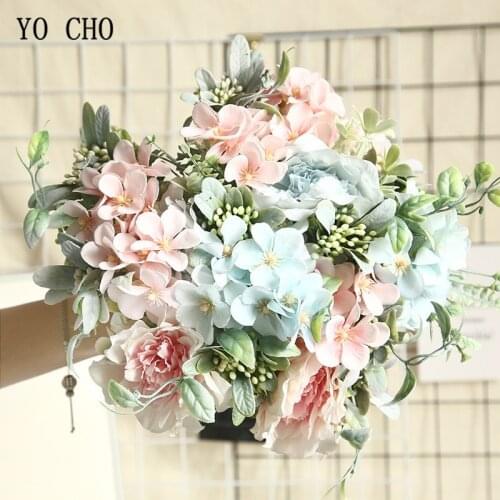 YO CHO Artificial Silk Flower Rose Bouquet Fake Camellia Peony Begonia Bouquet Home Party Wedding Decoration Blue Flower Bundle