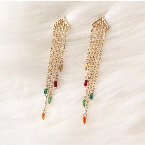 Elegant Gold Color Plating Colorful Small Tube Bead End Chain Tassel Drop Earrings For Women Party Office Presentation Jewelry