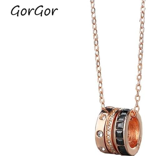 GorGor Necklace Women 925 Sterling Pattern Three Rings Pendant Various Colors Temperament Birthday Gift Trendy Jewelry XL139