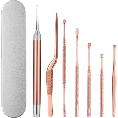 8PCS Set Ear Wax LED Light Pickers Earpick Remover Curette Earwax Cleaner Spoon Ear Care Booger Cleaning Tweezers Forceps Tool