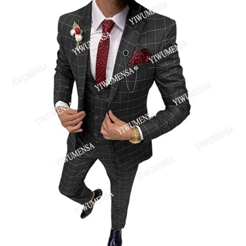 2021 Tailor-Made Plaid Slim Fit 3 Pieces Mens Suits Tuxedos For Wedding Groomsmen (Blazer+Vest+Pants) Prom Party Business Gowns
