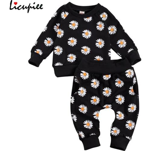 Baby Fashion Full Sleeve Girls Long-sleeved Trousers Suit Daisy Pattern Pullover T-shirt Elastic Long Pant 0-18 Month