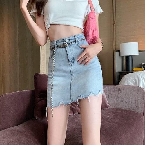 Fashion Cut Denim Skirt For Women 2021 Summer New High Waist Solid Color Thin Stretch Skirt