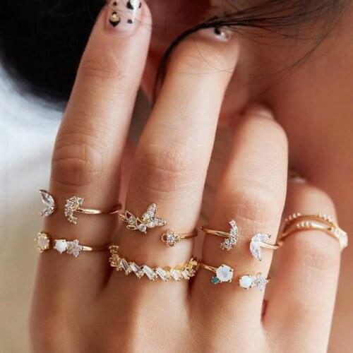 Vintage Gold Star Moon Butterfly Rings Set For Women BOHO Crystal Midi Finger Ring Female Bohemian Jewelry Gifts